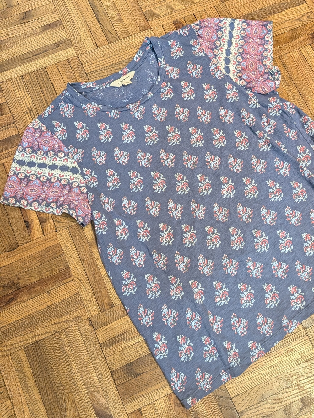 Lucky Brand 100% Cotton Boho Blue Floral Print T-Shirt Size Small